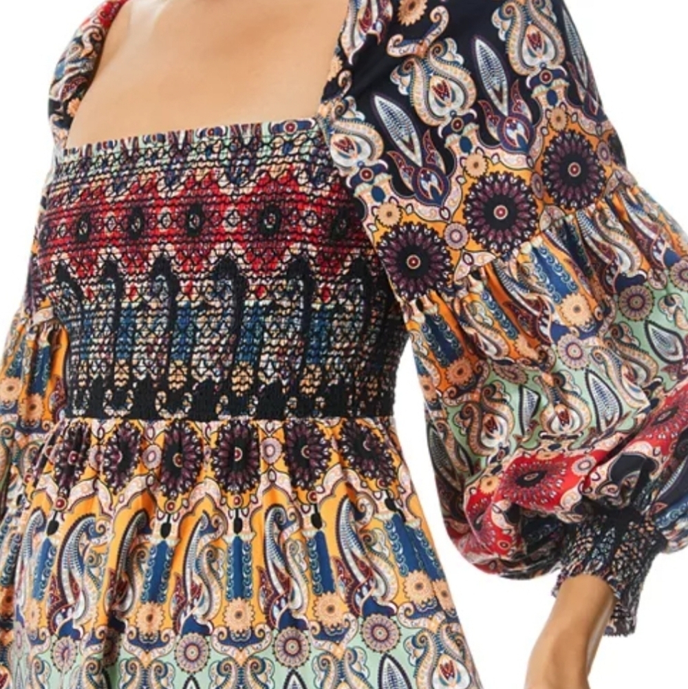Alice and Olivia Julissa Smocked Mini Dress Size 2 Colorful Multiprint - Picture 4 of 16